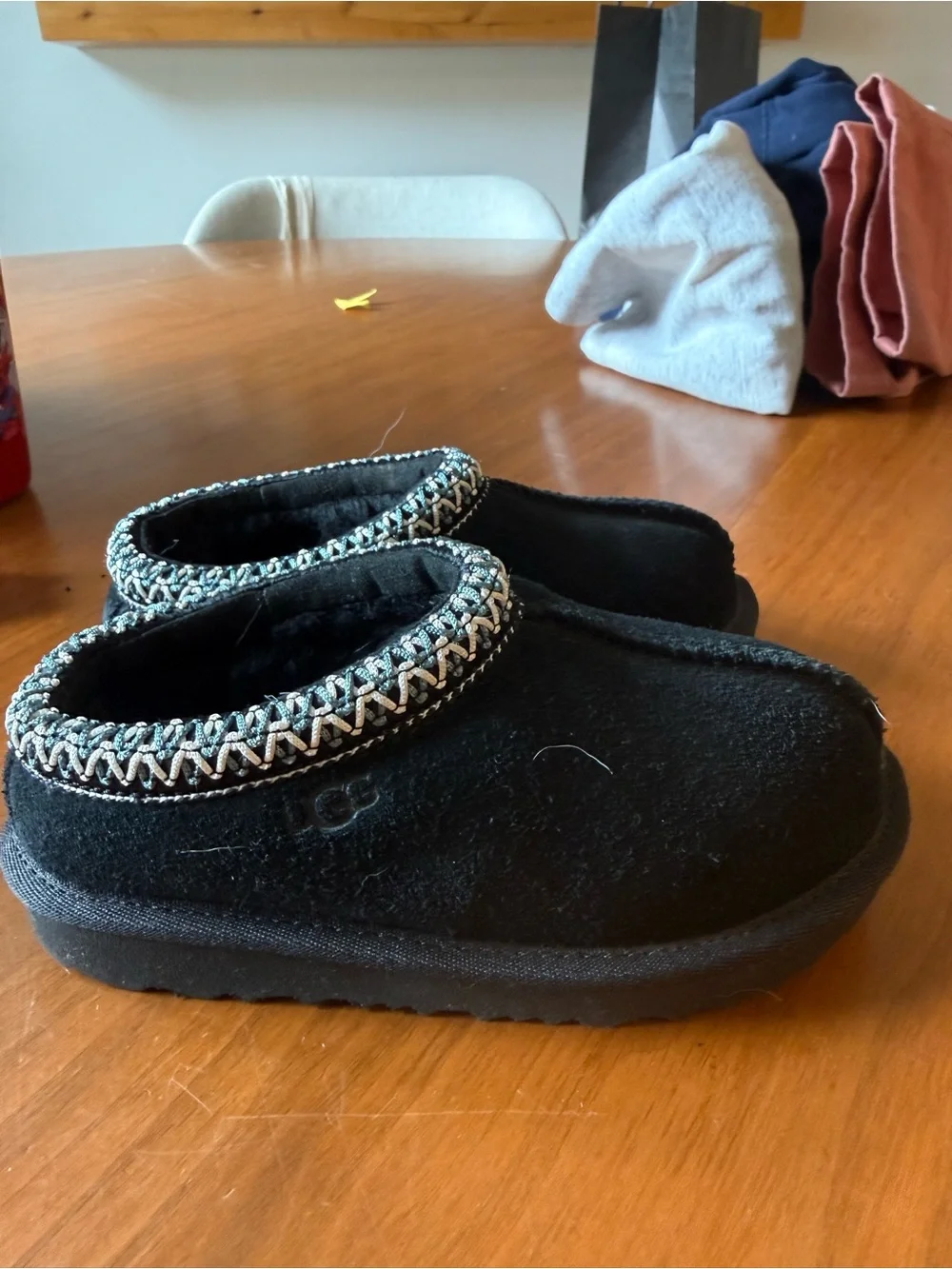 UGG Kids Black Suede Slip-On Slippers with Decorative Trim